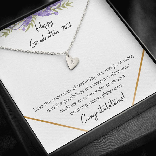 Class of 2021 Graduation Gift, Personalize initial heart charm necklace, Love the moments - Jewelled by love