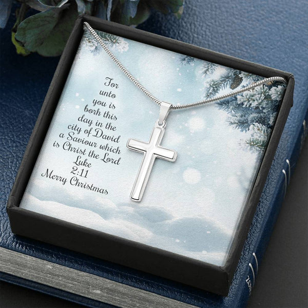 Cross necklace, Scripture quote Luke 2:11 For unto you is born - Jewelled by love
