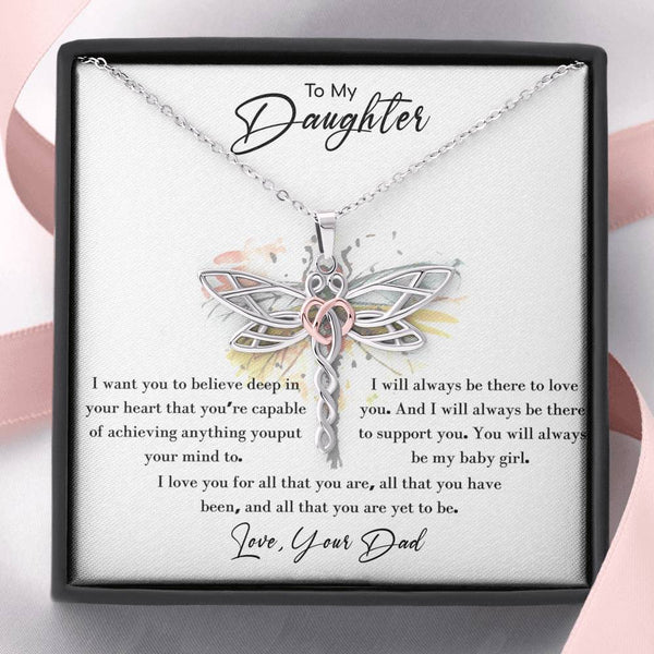 Daughter necklace gift from dad, Dragonfly pendant ,,,,I want you to believe - Jewelled by love